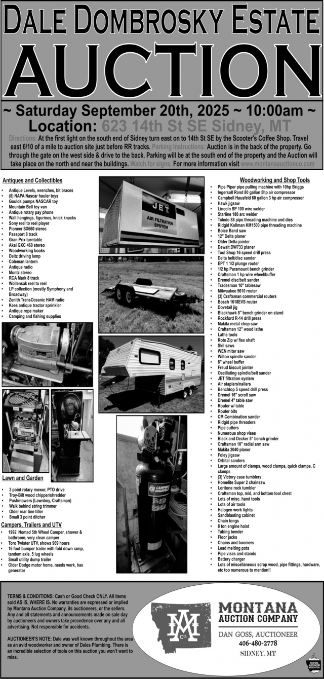 Dale Dombrosky Estate Auction, Montana Auction Company, Sidney, MT