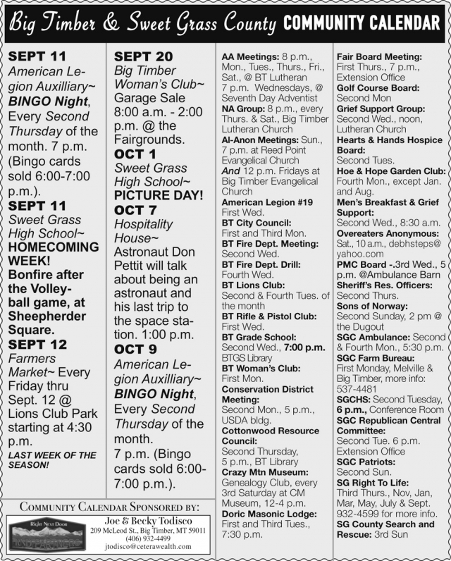 Big Timber & Sweet Grass County Community Calendar, Joe & Becky Todisco, Big Timber, MT