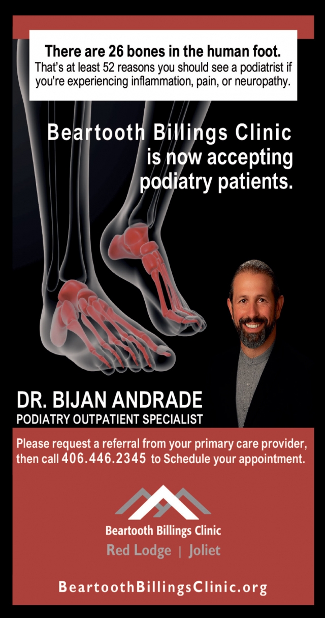There are 26 bones in the human foot, Beartooth Billings Clinic, Red Lodge, MT