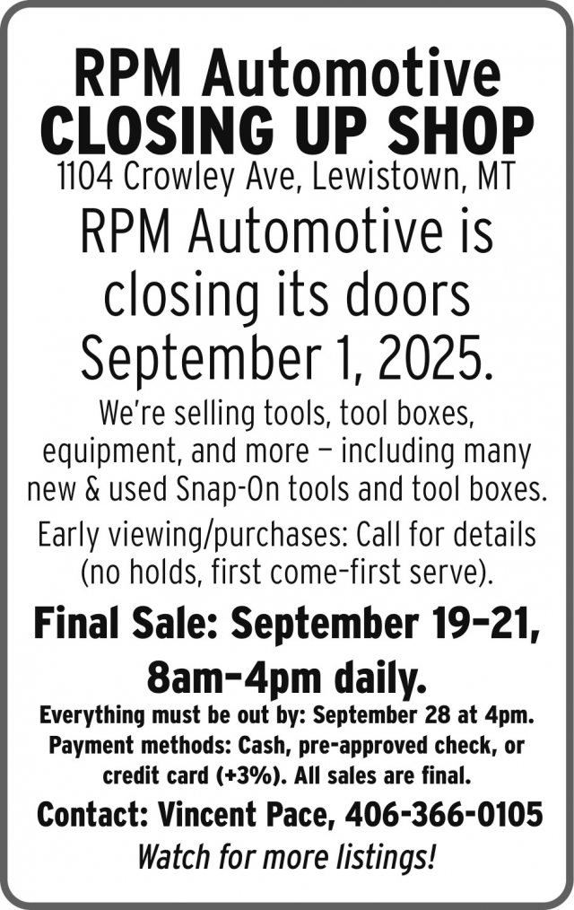 RPM Automotive Closing Up Shop, RPM's Automotive, Lewistown, MT