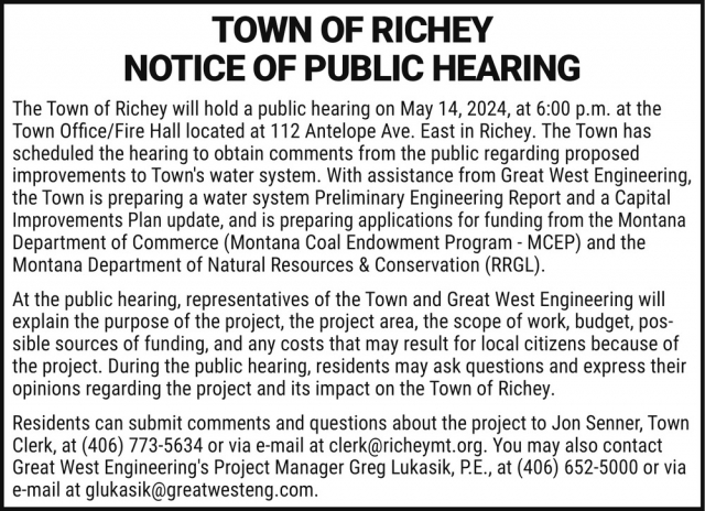 Notice of Public Hearing, Town of Richey