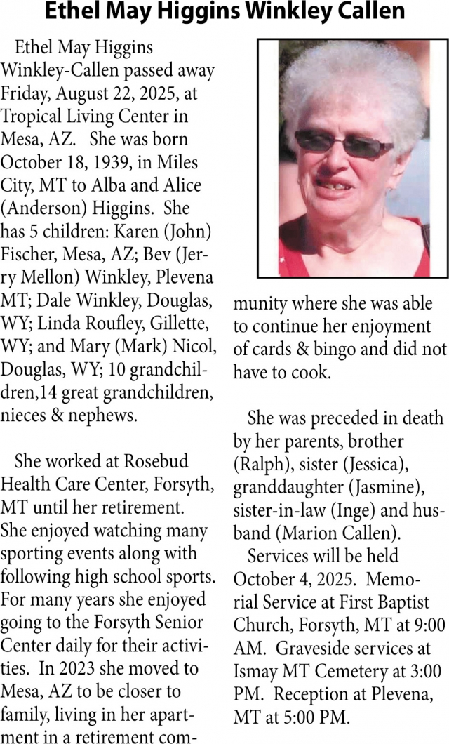 Ethel May Higgins Winkley Callen, Obituaries, Glendive, MT