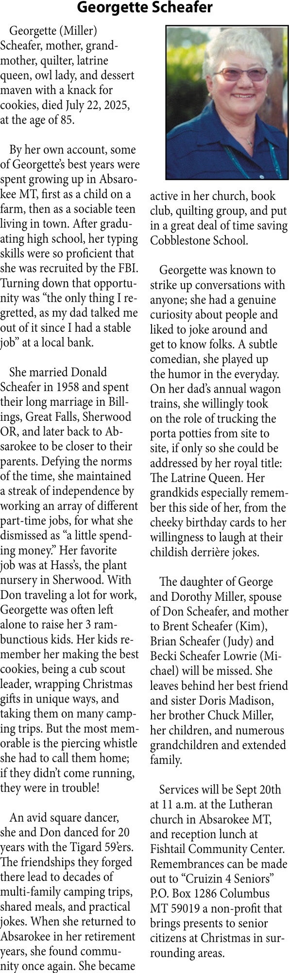 Georgette Scheafer, Obituaries, Glendive, MT