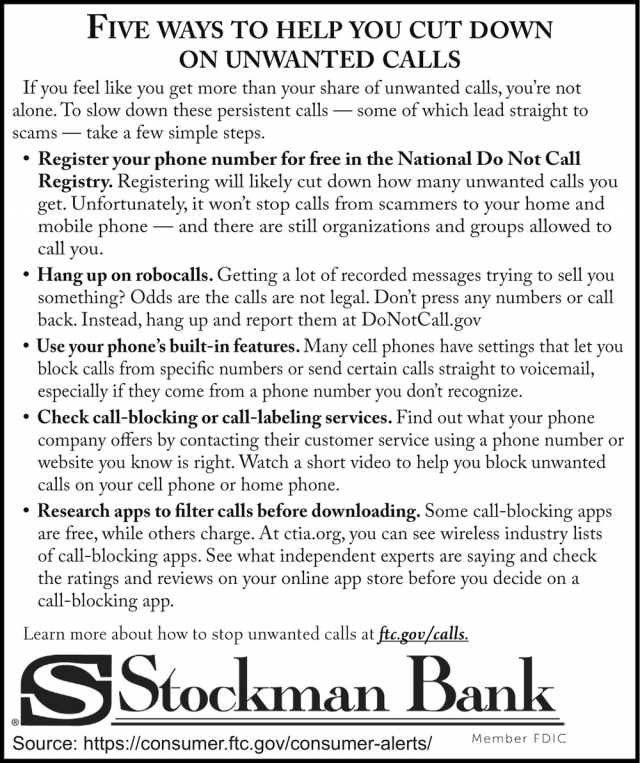 Five Ways to Help You Cut Down on Unwanted Calls, Stockman Bank