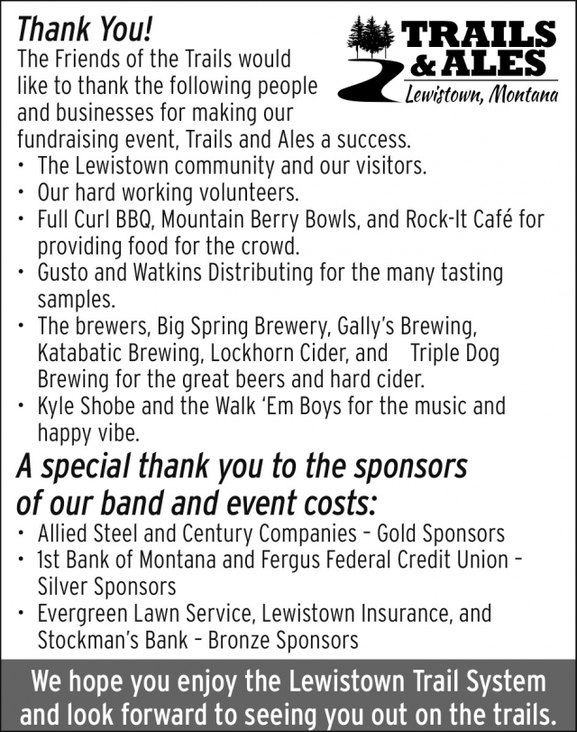 Thank You!, Trails & Ales (September 6, 2025), Lewistown, MT