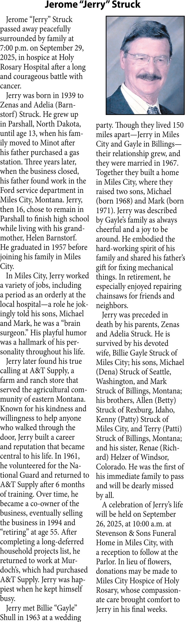 Jerome Struck, Obituaries, Glendive, MT