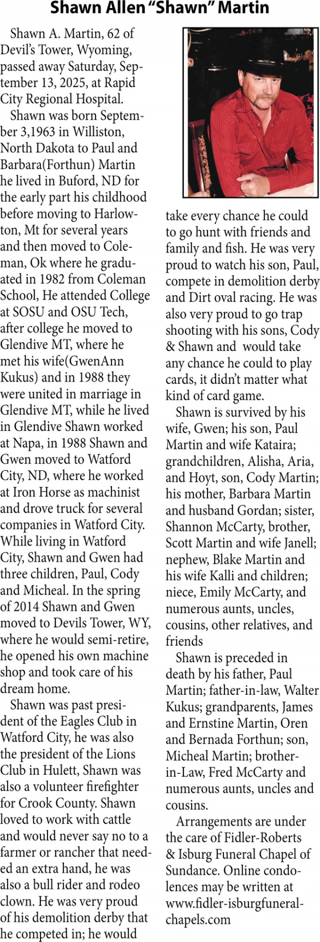 Shawn Allen Martin, Obituaries, Glendive, MT