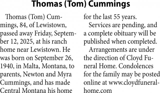 Thomas Cummings, Obituaries, Glendive, MT