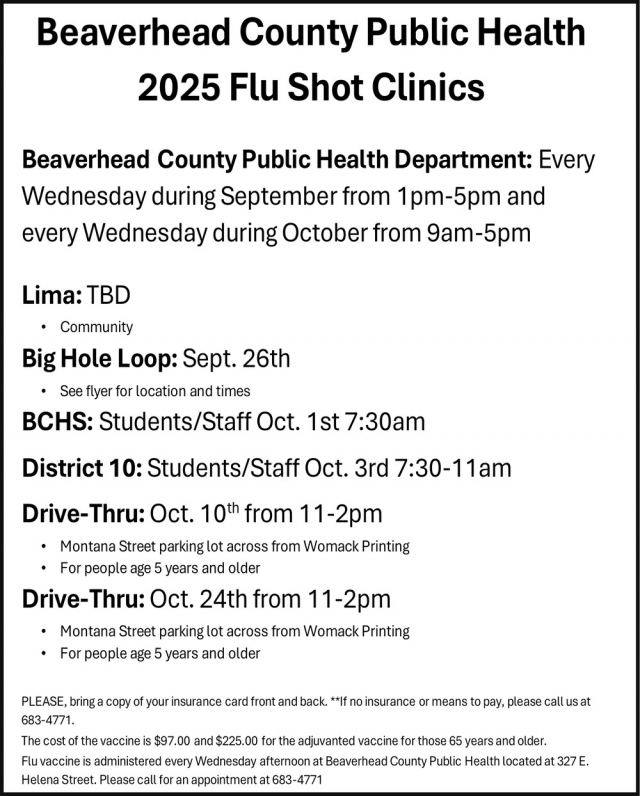 2025 Flu Shot Clinics, Beaverhead County Public Health Department, Dillon, MT