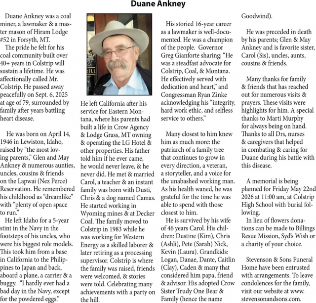 Duane Ankney, Obituaries, Glendive, MT
