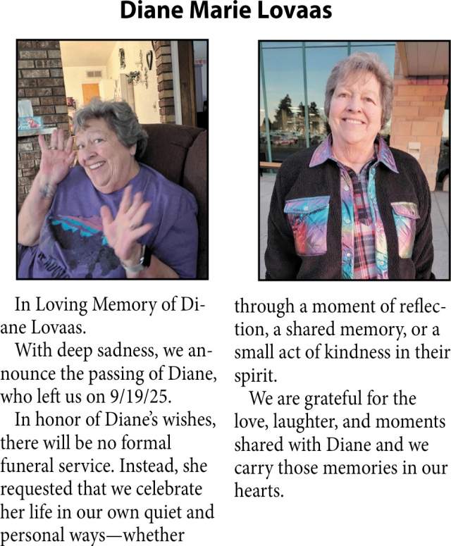 Diane Marie Lovaas, Obituaries, Glendive, MT