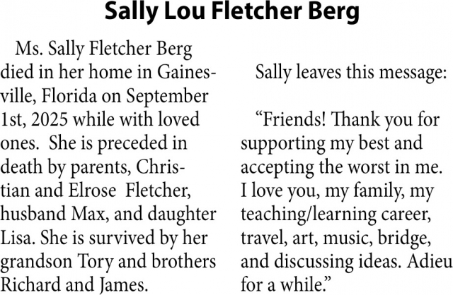 Sally Lou Fletcher Berg, Obituaries, Glendive, MT