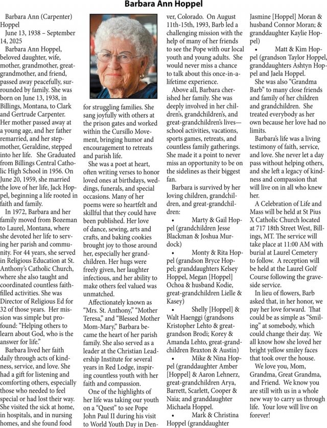 Barbara Ann Hoppel, Obituaries, Glendive, MT