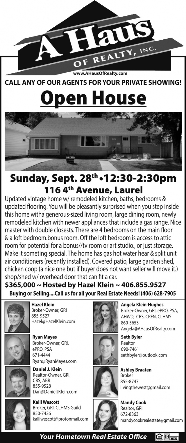 Open House, A Haus of Realty, Inc., Laurel, MT