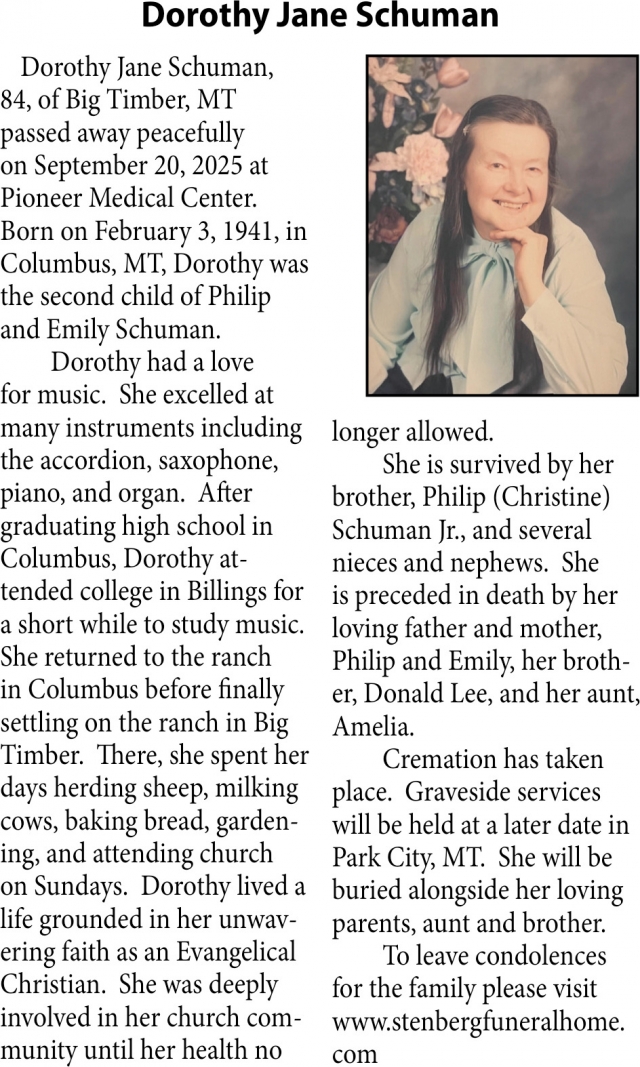 Dorothy Jane Schuman, Obituaries, Glendive, MT