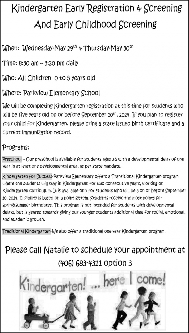 Kindergarten Early Registration, Dillon School District #10, Dillon, MT