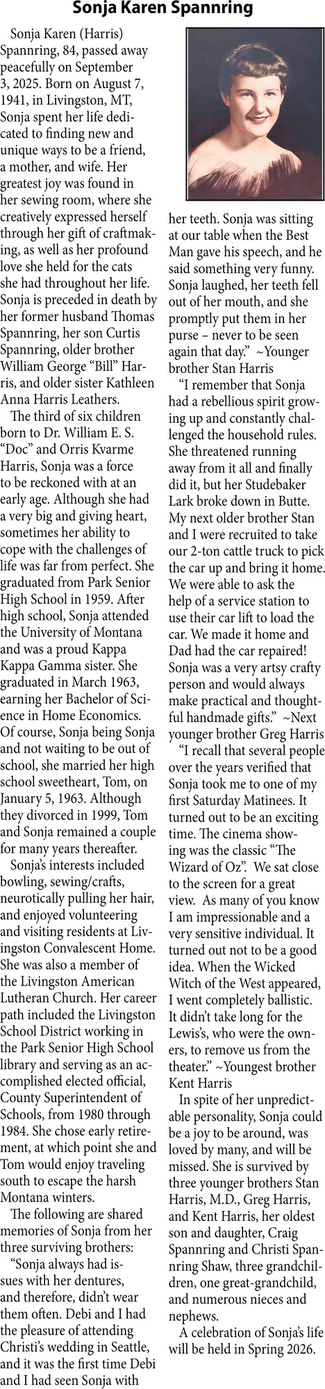 Sonja Karen Spannring, Obituaries, Glendive, MT