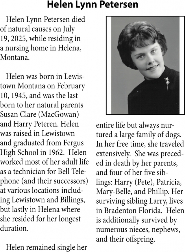 Helen Lynn Petersen, Obituaries, Glendive, MT