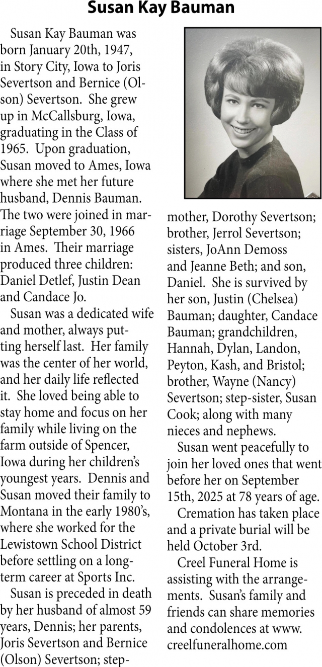 Susan Kay Bauman, Obituaries, Glendive, MT