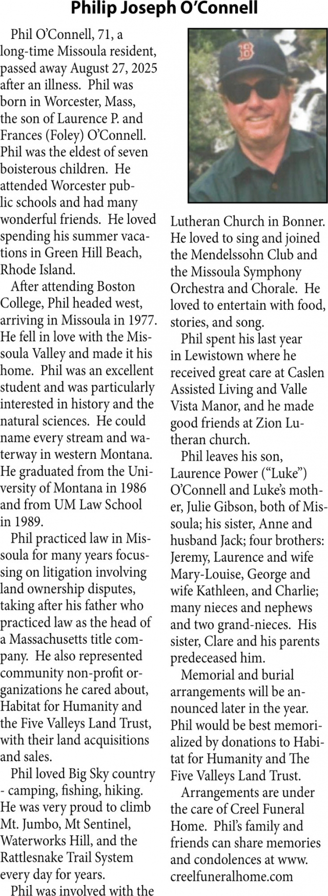 Phillip Joseph O'Connell, Obituaries, Glendive, MT