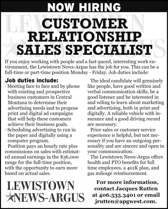 Customer Relationship Sales Specialist, Lewistown News-Argus, Lewistown, MT