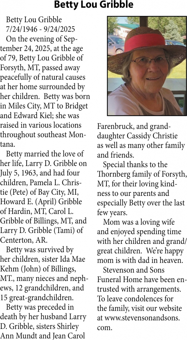 Betty Lou Gribble, Obituaries, Glendive, MT
