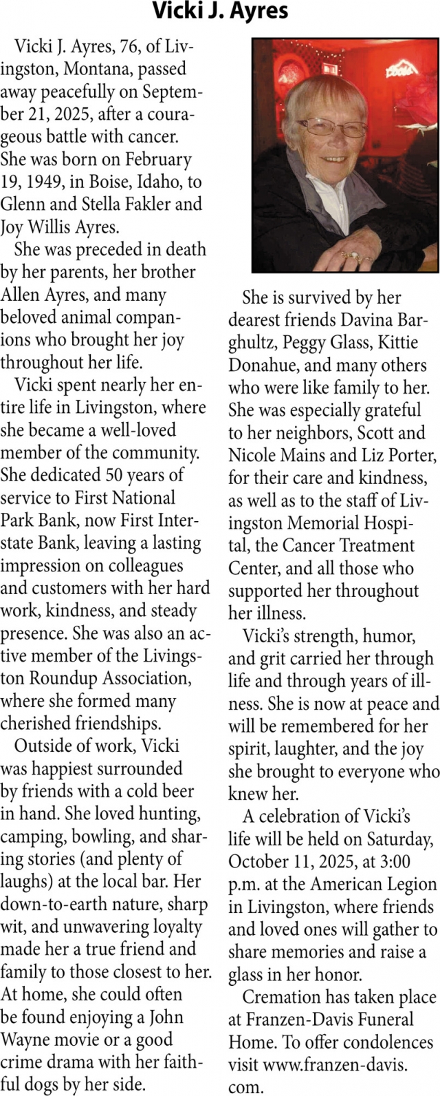 Vicki J. Ayers, Obituaries, Glendive, MT