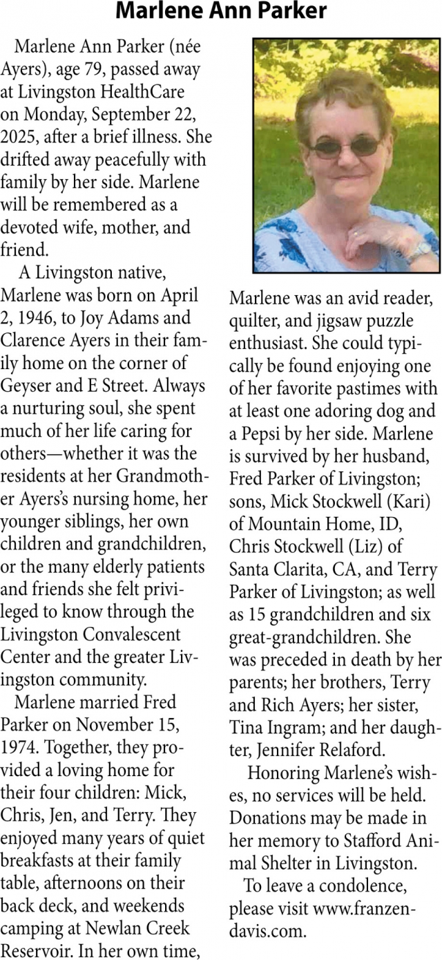 Marlene Ann Parker, Obituaries, Glendive, MT