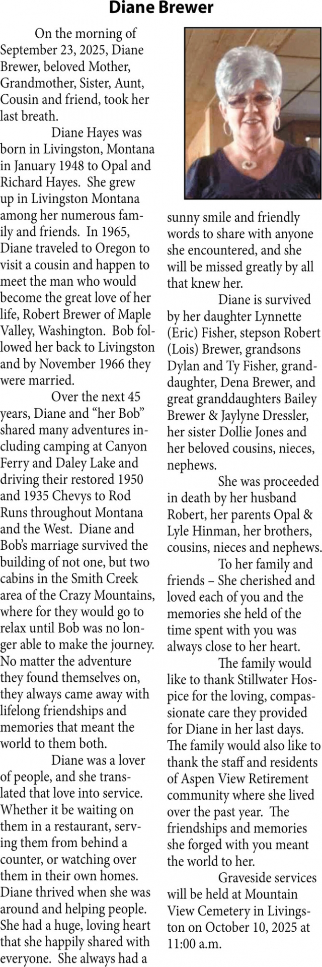 Diane Brewer, Obituaries, Glendive, MT