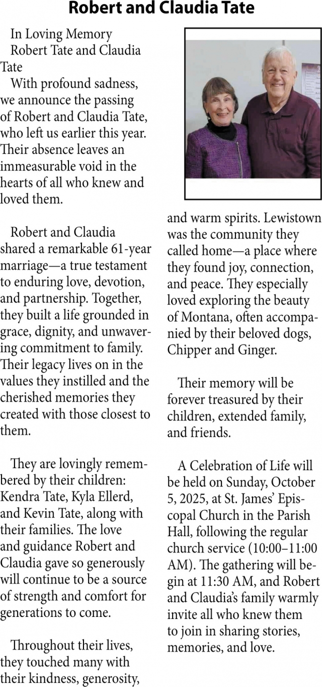 Robert and Claudia Tate, Obituaries, Glendive, MT