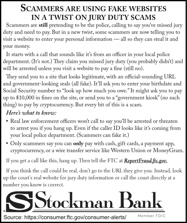 Scammers Are Using Fake Websites in A Twist on Jury Duty Scams, Stockman Bank