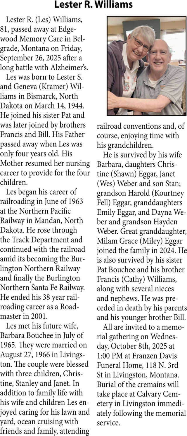 Lester R. Williams, Obituaries, Glendive, MT