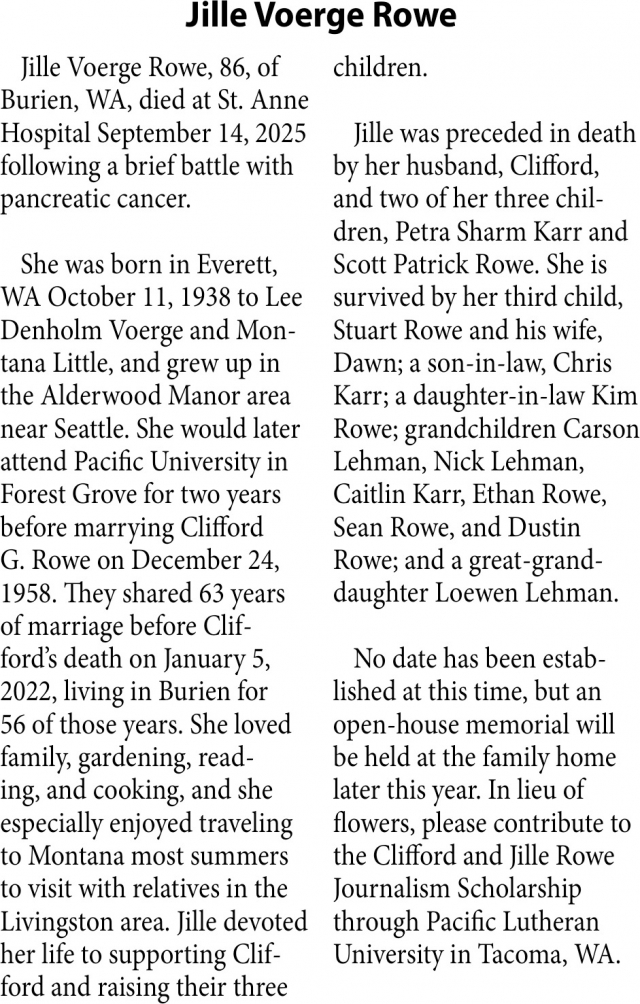 Jille Voerge Rowe, Obituaries, Glendive, MT