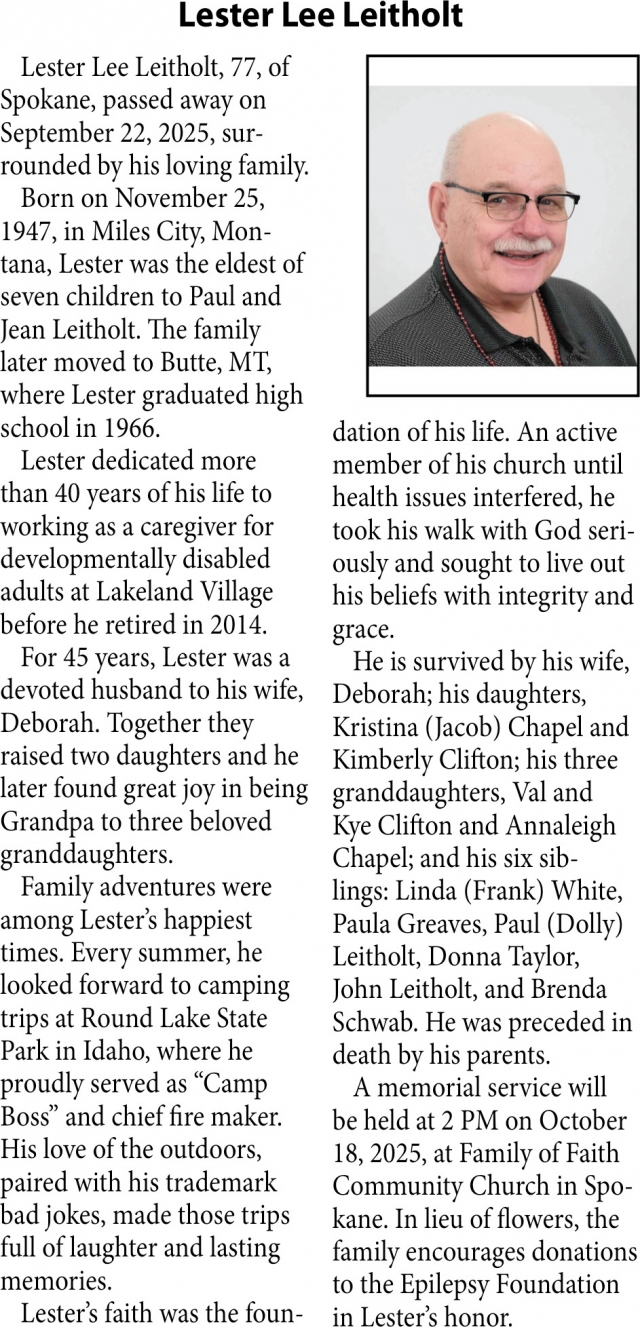 Lester Lee Leitholt, Obituaries, Glendive, MT