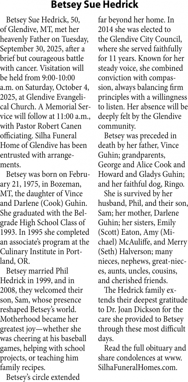 Betsey Sue Hedrick, Obituaries, Glendive, MT