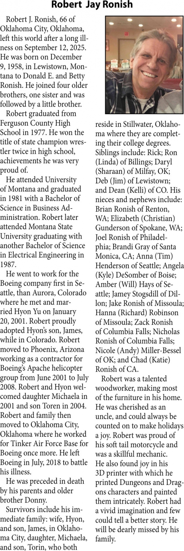 Robert Jay Ronish, Obituaries, Glendive, MT