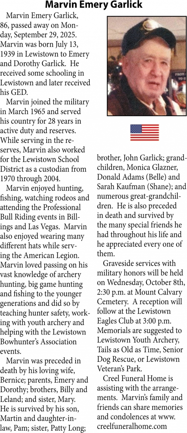 Marvin Emery Garlick, Obituaries, Glendive, MT