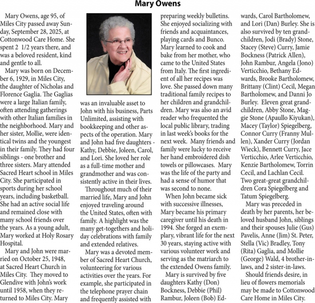 Mary Owens, Obituaries, Glendive, MT
