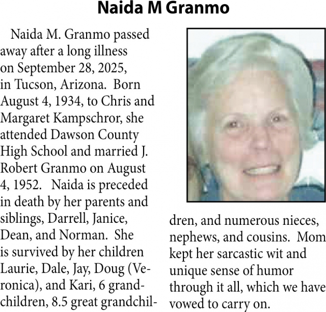 Naida M Granmo, Obituaries, Glendive, MT