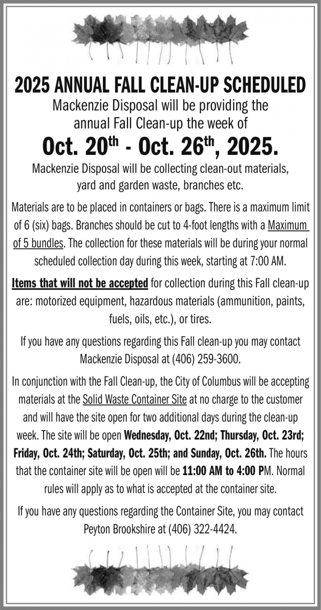 2025 Annual Fall Clean-Up Scheduled, City of Columbus, Columbus, MT