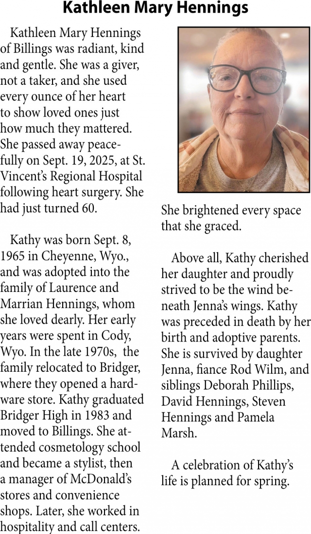 Kathleen Mary Hennings, Obituaries, Glendive, MT