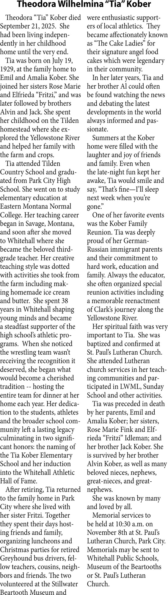 Theodora Wilhelmina Kober, Obituaries, Glendive, MT