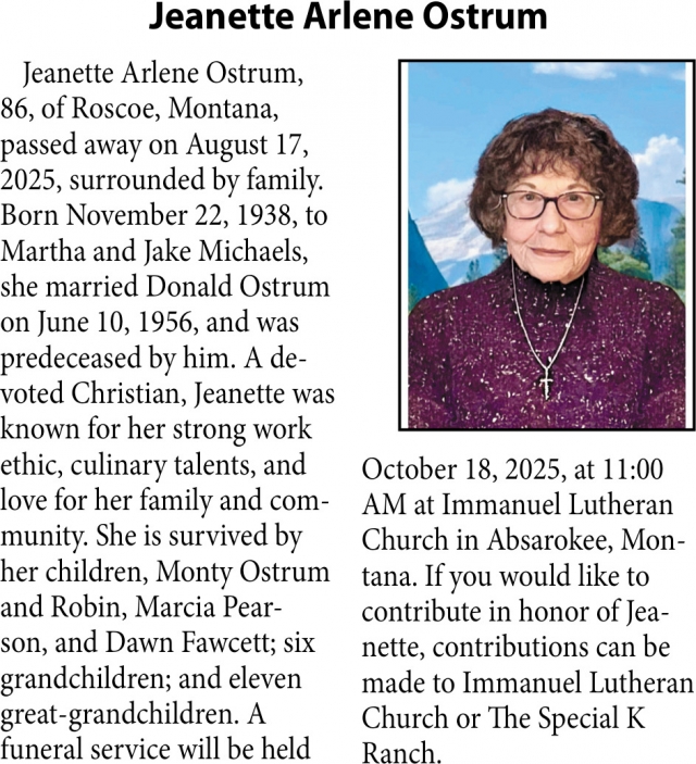 Jeanette Arlene Ostrum, Obituaries, Glendive, MT