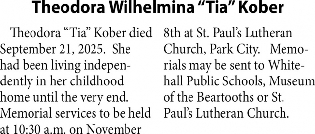 Theodora Wilhelmina Kober, Obituaries, Glendive, MT