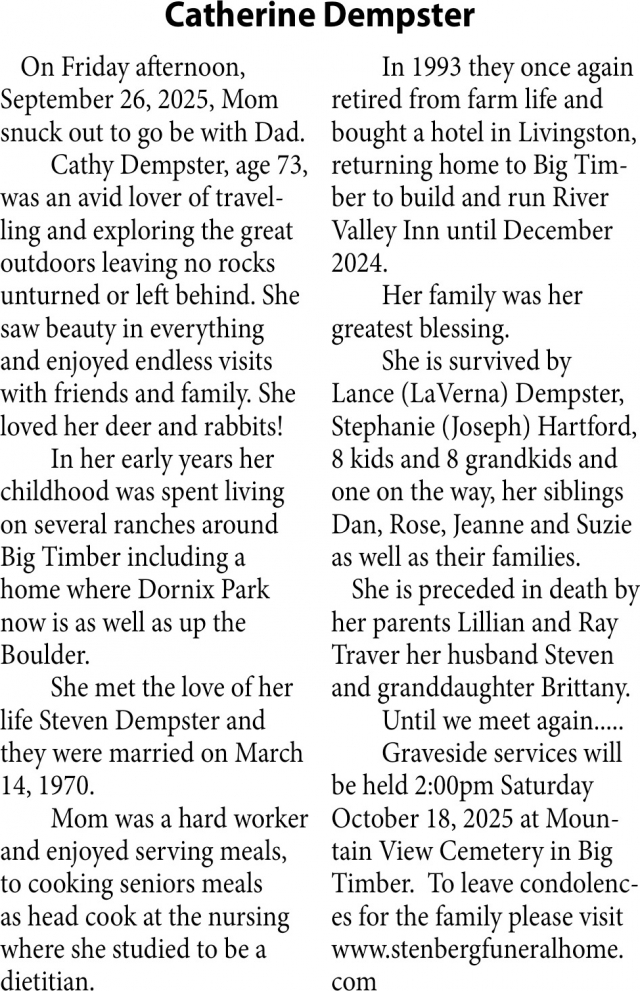 Catherine Dempster, Obituaries, Glendive, MT