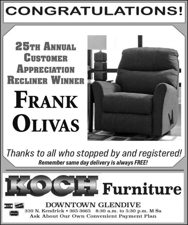 25th Annual Customer Appreciation Recliner Winner, Koch Furniture, Glendive, MT