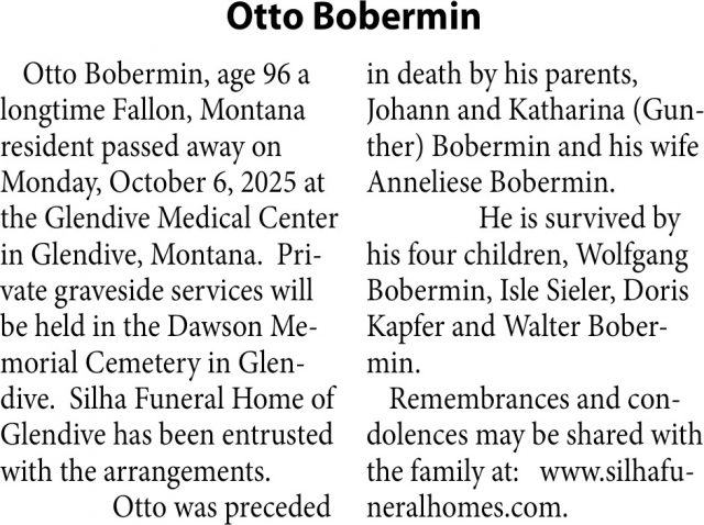 Otto Bobermin, Obituaries, Glendive, MT