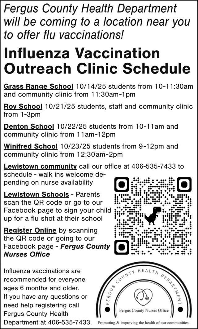 Influenza Vaccination Outreach Clinic Schedule, Fergus County Health Department