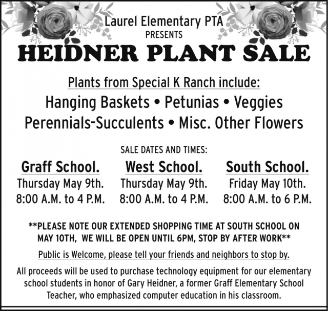 Heidner Plant Sale, Laurel Elementary PTA Heidner Plant Sale (May 9 & 10, 2024)