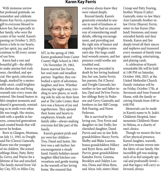 Karen Kay Ferris, Obituaries, Glendive, MT